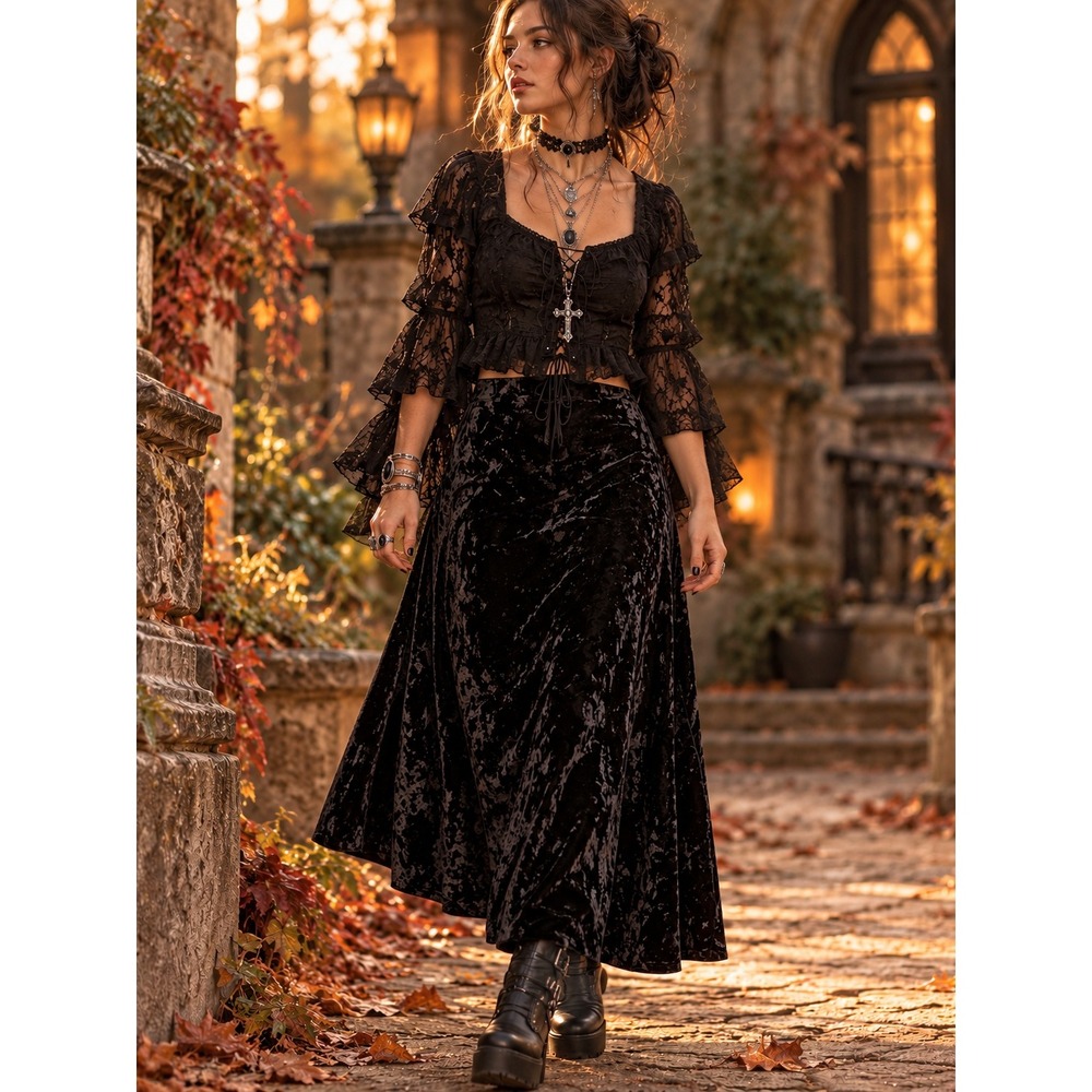 Bonnie Strauss Black Crushed Velvet Flared Maxi Skirt Whimsigoth Goth Large